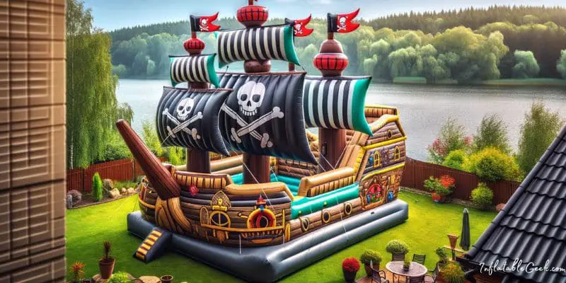 Backyard inflatable pirate ship with lake backdrop - inflatable pirate ships