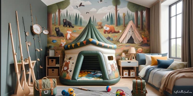 Outdoorsy-themed boy's room with inflatable fort - blow up forts