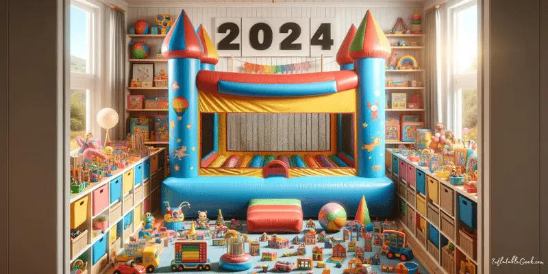 kid's playroom with organized toys and indoor bounce houses