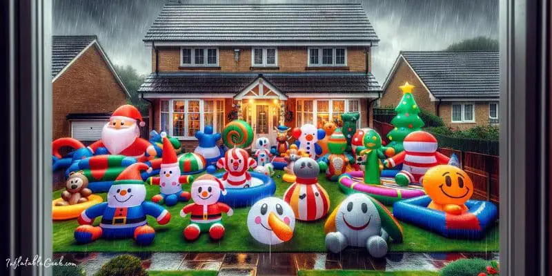 Colorful inflatables stand resilient under rain in a cozy front yard - Are Outdoor Inflatables Waterproof
