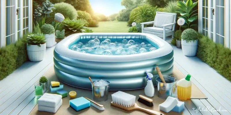 Sparkling inflatable ice bath with cleaning tools in a garden - How to Clean an Inflatable Ice Bath