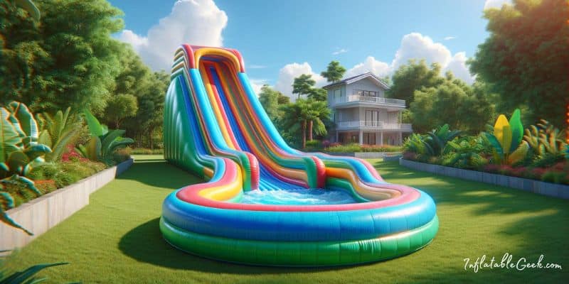 Giant inflatable water slide in a backyard