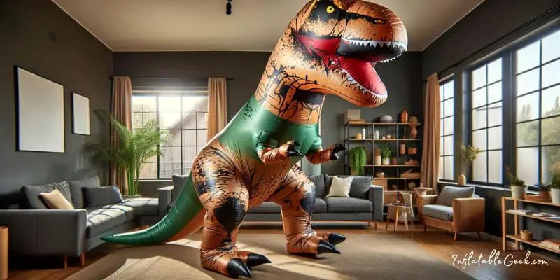 Blow up dinosaur in a living room -- Inflatable Dinosaur Costumes