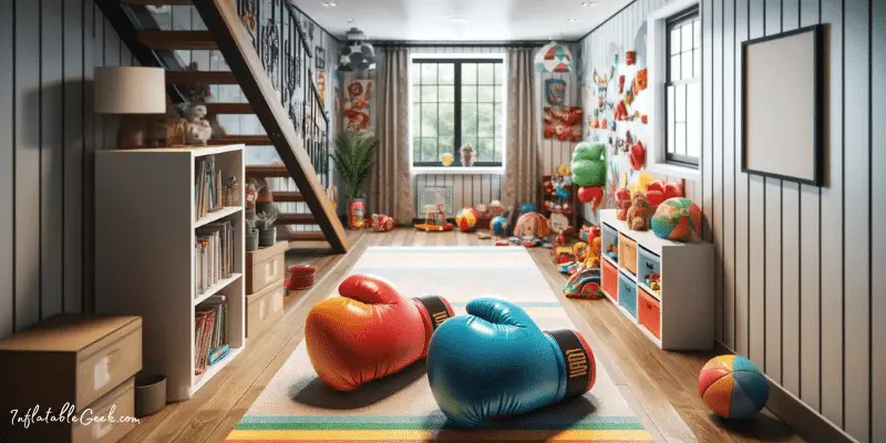 Inflatable boxing gloves on carpet in a cool kid's play room