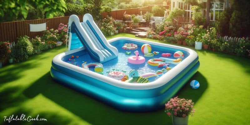 Large inflatable pool in a vibrant backyard on a sunny day -- Inflatable Pools