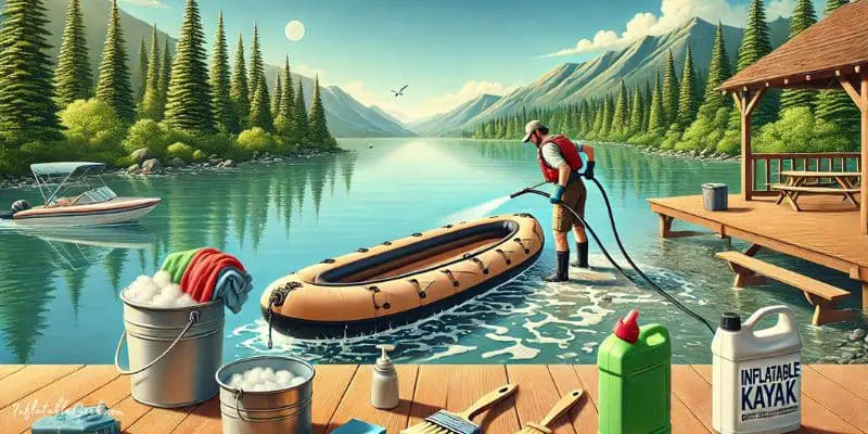 Person cleaning an inflatable kayak by a scenic lake -- How to clean an inflatable kayak